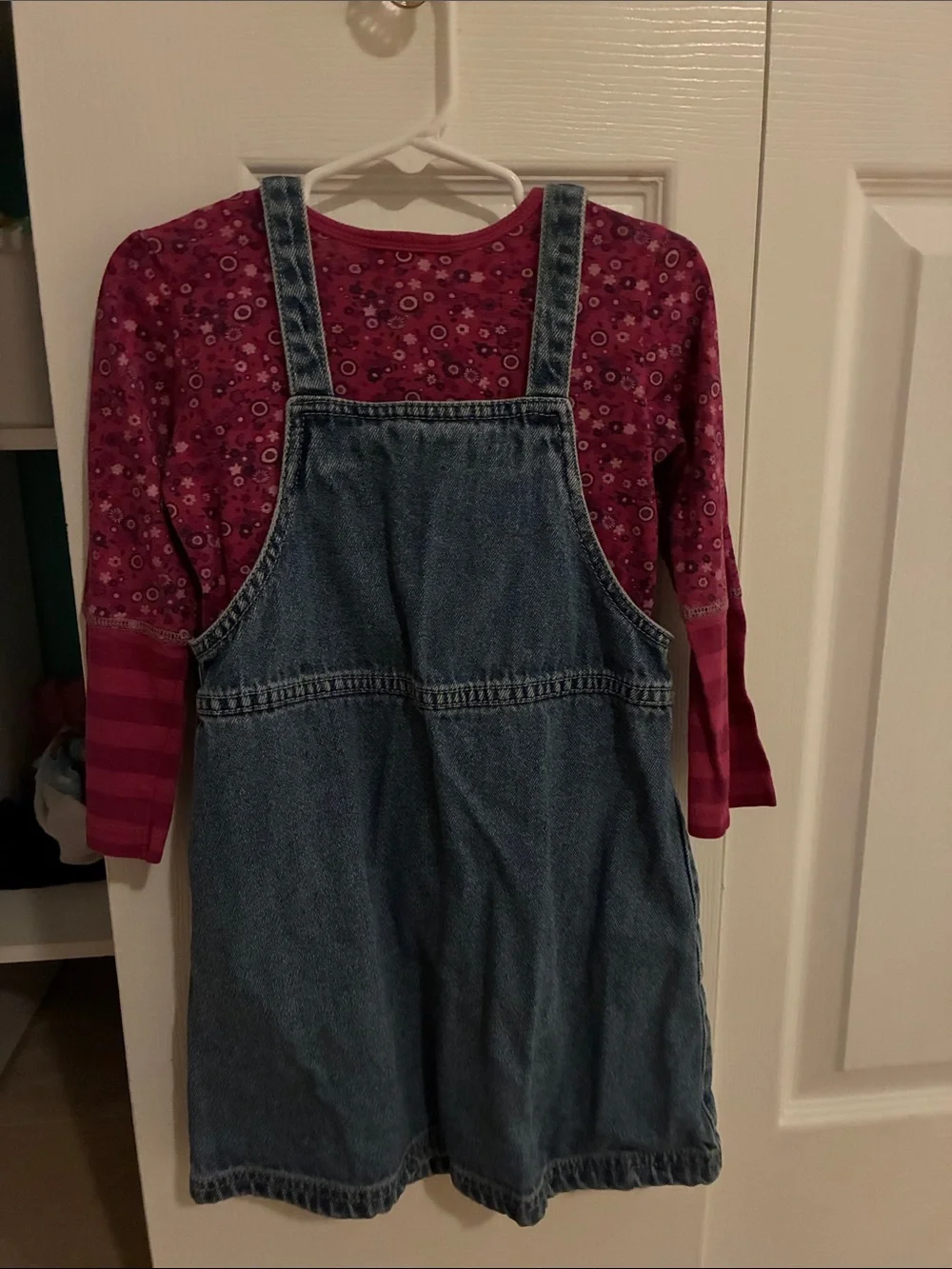 Barbie Pink Patterned Long-Sleeve Top with Denim Heart Overall Dress